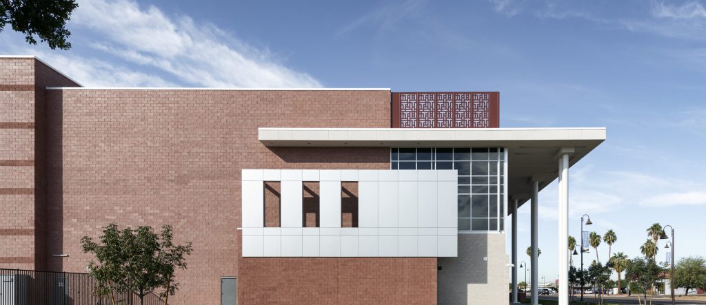 Brick building with a steel-framed canopy